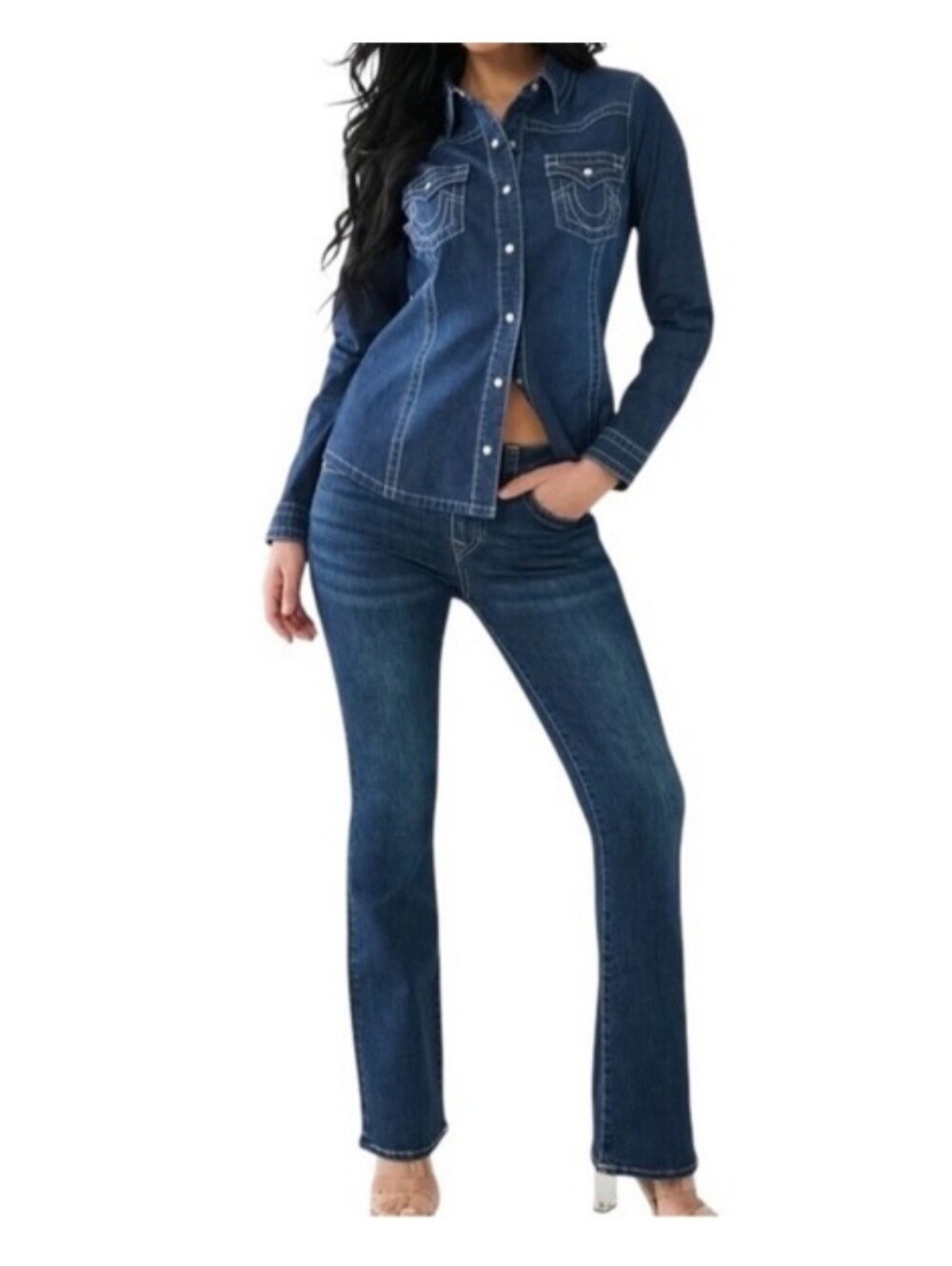 True Religion Chambray Western Denim Shirt Shackel Dark Pearl Snap Button XL
